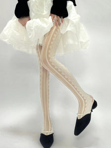 Solid Color White Lace Sheer Thigh High Stockings