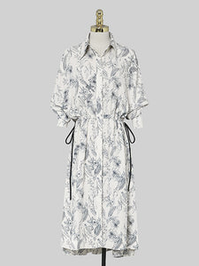 Apricot Doll Sleeves Nipped Waist Slim Print Shirt Dress