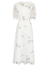 Load image into Gallery viewer, White V Neck Puff Sleeves Embroidered Organza Vintage Dress