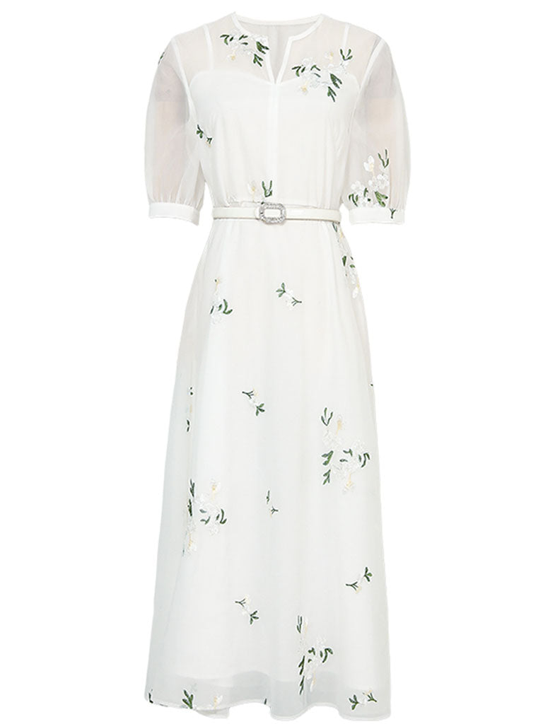 White V Neck Puff Sleeves Embroidered Organza Vintage Dress