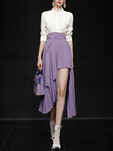 Load image into Gallery viewer, 2PS White 1950S Vintage Classic Top And Purple Irregular Pleated Hem  High Waist Skirt Suit