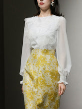 Load image into Gallery viewer, 2PS White Lace Long Sleeve Top And Yellow Floral Print Skirt Dress Suit
