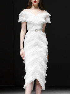 White Romantic Wedding Ruffles V-Neck Sequin Lace Irregular Hem Dress