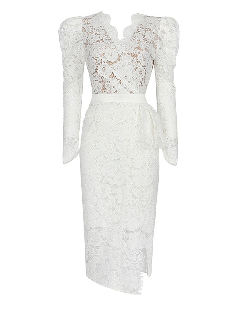 Christmas White V Neck Long Sleeve 1950S Lace Vintage Bodycon Dress, White / M