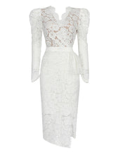 Load image into Gallery viewer, Christmas White V Neck Long Sleeve 1950S Lace Vintage Bodycon Dress