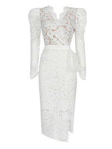 Christmas White V Neck Long Sleeve 1950S Lace Vintage Bodycon Dress
