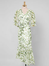 Load image into Gallery viewer, Light Green Floral Print V Neck Vintage Style Ruffles Dress