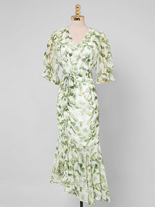 Light Green Floral Print V Neck Vintage Style Ruffles Dress