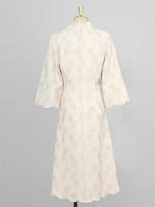 Apricot Half Turtleneck Flared Sleeve Embroidered Wave Hem Vintage Dress