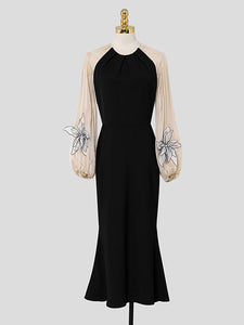 Black Lantern Sleeve Flower Decoration Sexy Mermaid Dress