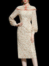 Load image into Gallery viewer, Orange Floral Print Long Sleeve Fishtail Cheongsam Dress