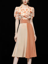 Load image into Gallery viewer, 2PS Orange Puff Short Sleeve Top And High Waist Pleated Splicing Large Swing Skirt Set