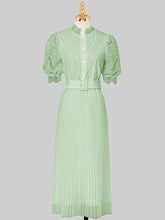 Load image into Gallery viewer, Apricot Stand Collar Puff Sleeve Mesh Pleated Dress
