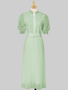 Apricot Stand Collar Puff Sleeve Mesh Pleated Dress