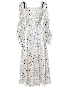 White And Black Polka Dots Square Collar Long Sleeve Party 1950S Dress