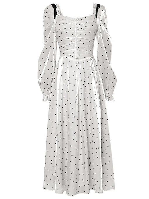 White And Black Polka Dots Square Collar Long Sleeve Party 1950S Dress