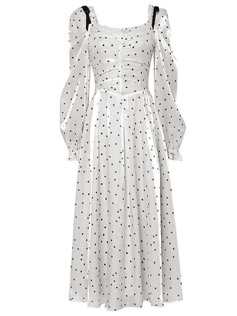 White And Black Polka Dots Square Collar Long Sleeve Party 1950S Dress