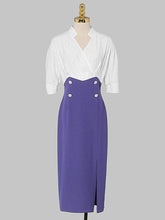 Load image into Gallery viewer, White And Navy Lantern Sleeve Slit Dress Vintage 1940S Dress
