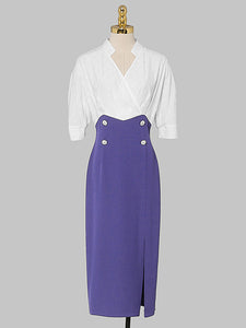White And Navy Lantern Sleeve Slit Dress Vintage 1940S Dress