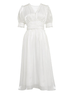 White Ruffles Puff Sleeve Organza Vintage Dress