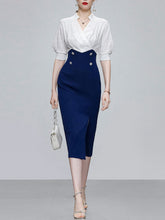 Load image into Gallery viewer, White And Navy Lantern Sleeve Slit Dress Vintage 1940S Dress