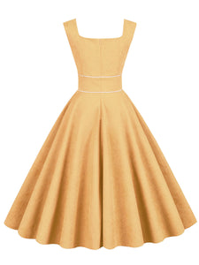 Light Yellow Corduroy Sleeveless 1950S Vinatge Dress With Pockets
