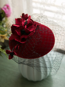 Wine Red Flower Tulle Vintage Velvet 1950S Hat