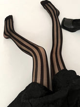 Load image into Gallery viewer, Solid Color Black Lace Stripe Sheer Thigh High Stockings
