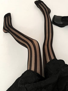 Solid Color Black Lace Stripe Sheer Thigh High Stockings