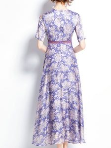 Lilac V Neck Short Sleeve Floral Print Maxi Dress Beach Vacation Outfit