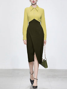 Yellow Turn Down Collar Long Sleeve 1960S Dress