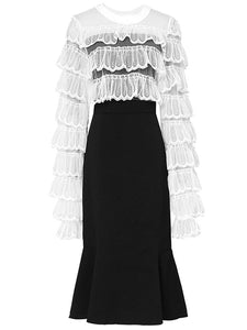 2PS Crew Neck Long Sleeve White Lace Lotus Leaf Top And Black Fishtail Skirt Suit