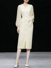 Load image into Gallery viewer, Light Pink Solid Color Puff Long Sleeve V-Neck Pearl 1940S Dress