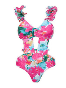 Pink Handmade Flower Ruffles Strappy One Piece With Swimsuit Swing Skirt