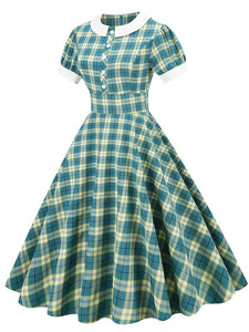 Green Plaid Peter Pan Collar Hepburn Style Puff Short Sleeved Elegant 1950S Swing Dress