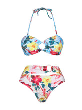 Load image into Gallery viewer, Blue Flower Print Ruffles Halter Bikini With Bathing Suit Swing Skirt