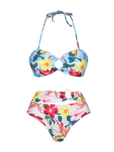 Blue Flower Print Ruffles Halter Bikini With Bathing Suit Swing Skirt