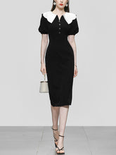 Load image into Gallery viewer, White Big Collar Puff Sleeve Little Black Dress Vintage Style The Queen&#39;s Gambit Similar Style 1960S Dress