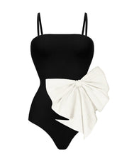 Load image into Gallery viewer, Black Retro Strap One Piece With Big Bowknot Swimsuit