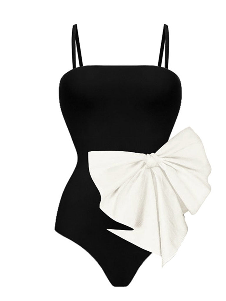 Black Retro Strap One Piece With Big Bowknot Swimsuit