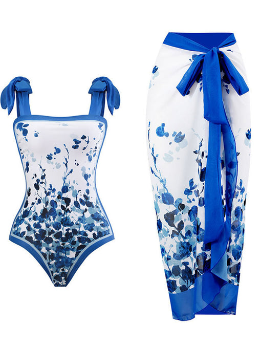 Blue Floral Print Flower Strap One Piece With Bathing Suit Wrap Skirt