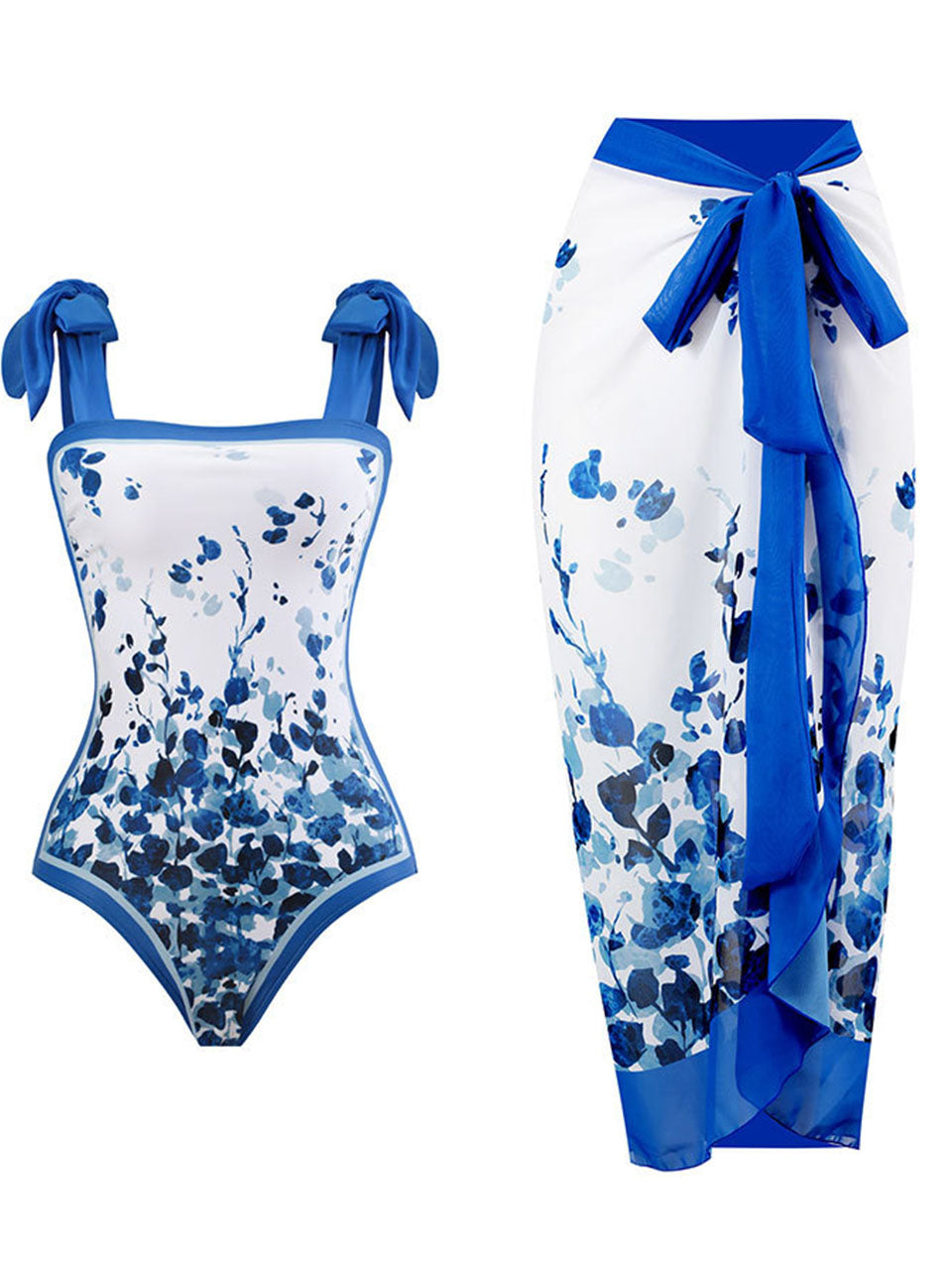 Blue Floral Print Flower Strap One Piece With Bathing Suit Wrap Skirt
