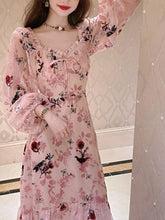 Load image into Gallery viewer, Floral Flocking Rose Chiffon Dress Long Sleeve Vintage Dress
