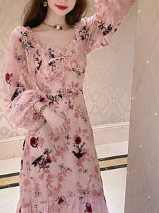 Floral Flocking Rose Chiffon Dress Long Sleeve Vintage Dress