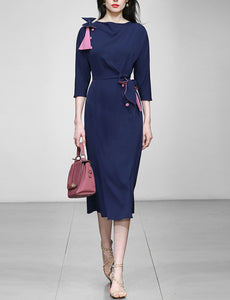 Navy Bowknot Collar Half Sleeve 1940S Bodycon Vintage Dress