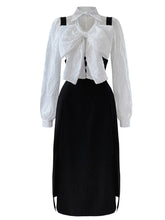 Load image into Gallery viewer, White Big Bowknot Flower Flocking Top With Black Strap Dress Set