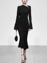 Load image into Gallery viewer, Black Irregular Collar Bell Sleeve Sexy Mermaid Dress