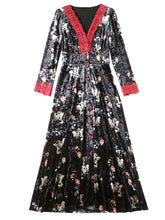 Load image into Gallery viewer, Lace V Neck Floral Velvet Dress Vintage Dress