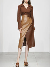 Load image into Gallery viewer, 2PS Brown 1950S Vintage V Neck Classic Top And Brown Irregular Pu Skirt Suit