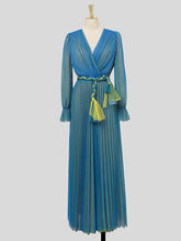 Load image into Gallery viewer, Blue V Neck Lantern Sleeve Pleated Fairy Dress